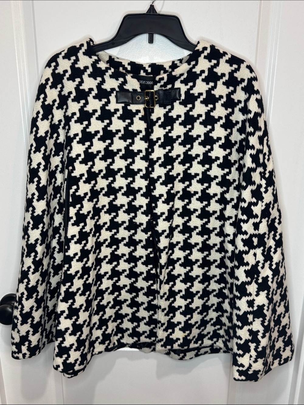 Focus 2000 Black & White Houndstooth Pea Coat with Buckle Trim